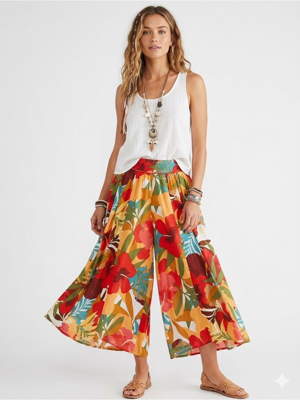 True Destinations Bohemian Floral Wide-Leg Crop Pants